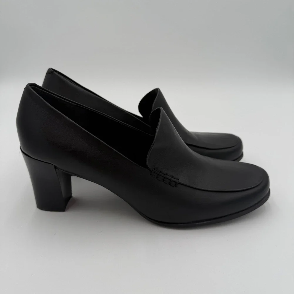 Franco‎ Sarto Nolan Pump Black Leather Block Heel Loafers High Heels Shoes 9.5